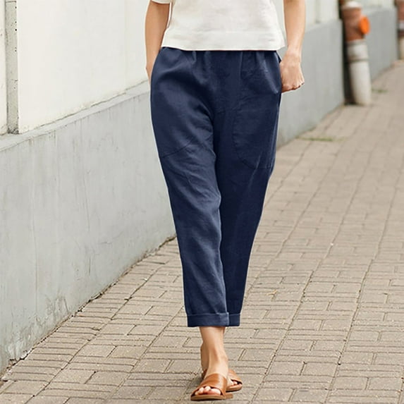 IDALL Capri Pants for Women Linen Pants Women Women Cotton Pocket Cropped Straight Leg Crop Pants Ladies Casual Long Loose Pant Slacks Lounge Pants Women Summer Pants Navy M