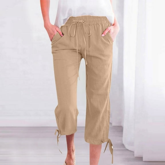 IDALL Capri Pants for Women Linen Pants Women Women Fashion Solid Color Cotton Elastic Long Pants Beach Leisure Trousers Linen Wide Leg Pants Woman Baggy Pants Khaki 3XL