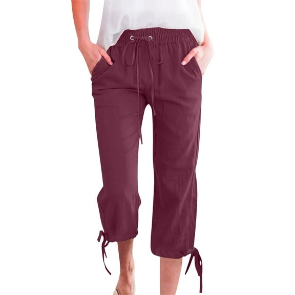 IDALL Capri Pants for Women Linen Pants Women Women Fashion Solid Color Cotton Elastic Long Pants Beach Leisure Trousers Linen Wide Leg Pants Woman Baggy Pants Wine 3XL