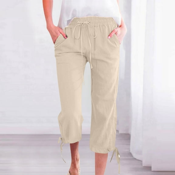 IDALL Capri Pants for Women Linen Pants Women Women Fashion Solid Color Cotton Elastic Long Pants Beach Leisure Trousers Linen Wide Leg Pants Woman Baggy Pants Beige S