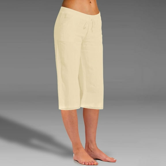 IDALL Capri Pants for Women Linen Pants Women Women Fashion Solid Color Cotton Flax Elastic Long Pants Beach Leisure Trousers Crop Length Pants Lounge Pants Women Summer Pants Khaki M