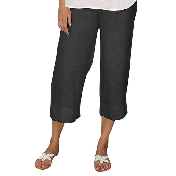 IDALL Capri Pants for Women Linen Pants Women Women Fashion Solid Color Cotton Flax Elastic Long Pants Beach Leisure Trousers Lounge Pants Women Summer Pants Black L