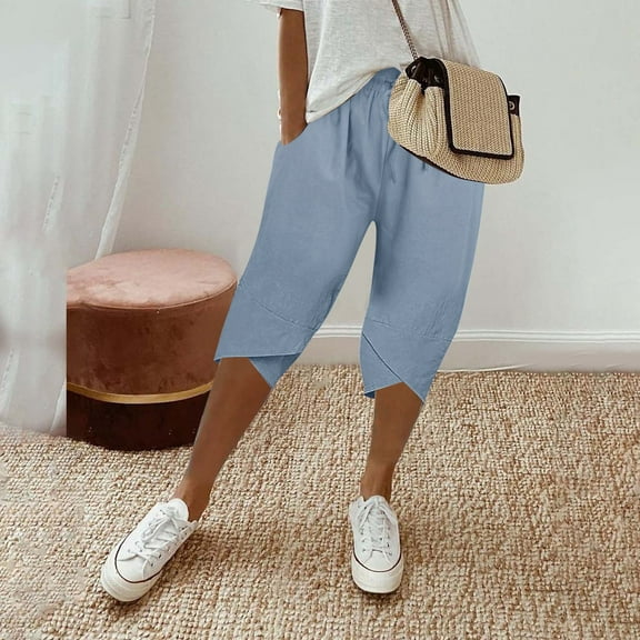 IDALL Capri Pants for Women Linen Pants Women Women Knee Length Short Pants Ladies Loose Drawstring Casual Solid Color Shorts Lounge Pants Women Summer Pants Light Blue S