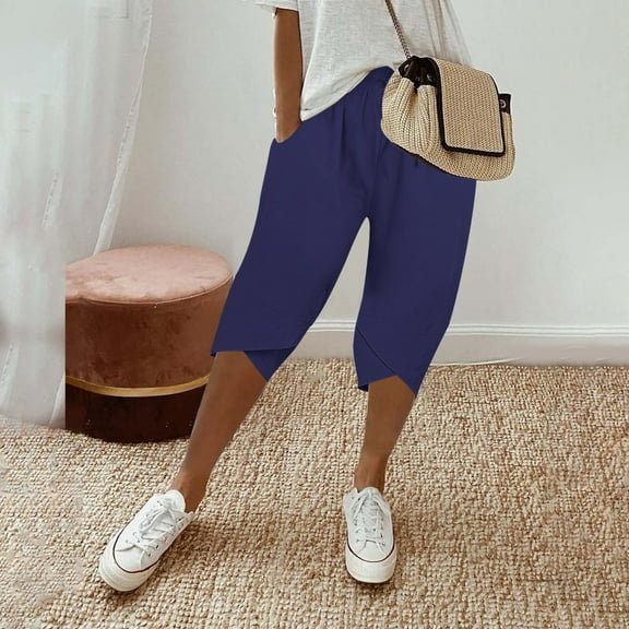 IDALL Capri Pants for Women Linen Pants Women Women Knee Length Short Pants Ladies Loose Drawstring Casual Solid Color Shorts Lounge Pants Women Summer Pants Blue L