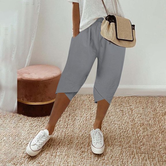IDALL Capri Pants for Women Linen Pants Women Women Knee Length Short Pants Ladies Loose Drawstring Casual Solid Color Shorts Lounge Pants Women Summer Pants Gray S