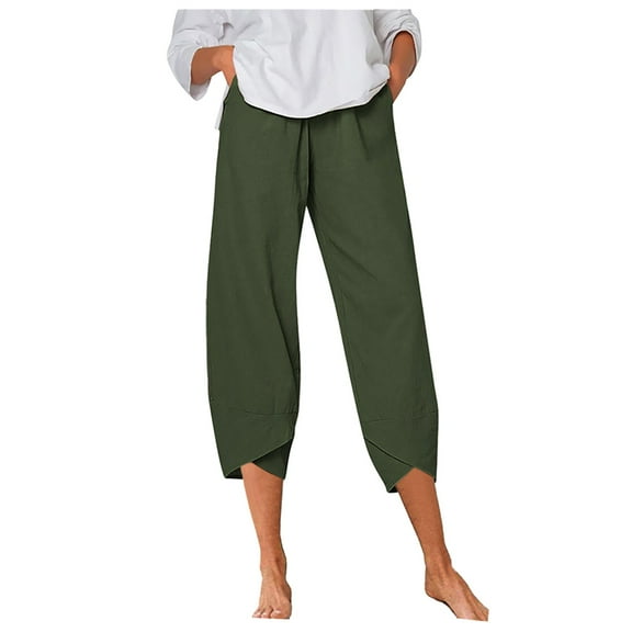 IDALL Capri Pants for Women Linen Pants Women Women Pants Casual Summer Elastic High Waist Straight Leg Wide Leg Cropped Pants Lounge Pants Women Summer Pants Green XL