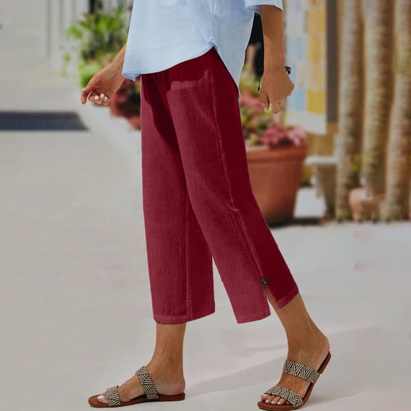 IDALL Capri Pants for Women Linen Pants Women Women Solid Color Cotton And Linen Buttoned Cropped Pants With Elastic Waist For Women Casual Pants Lounge Pants Women Summer Pants Red L