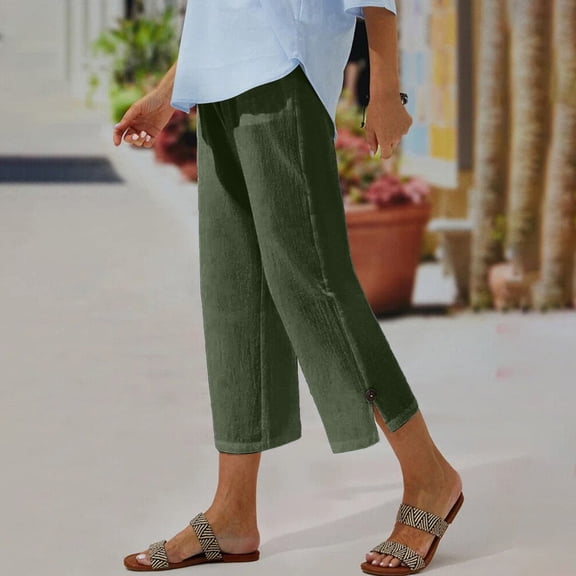 IDALL Capri Pants for Women Linen Pants Women Women Solid Color Cotton And Linen Buttoned Cropped Pants With Elastic Waist For Women Casual Pants Lounge Pants Women Summer Pants Green S