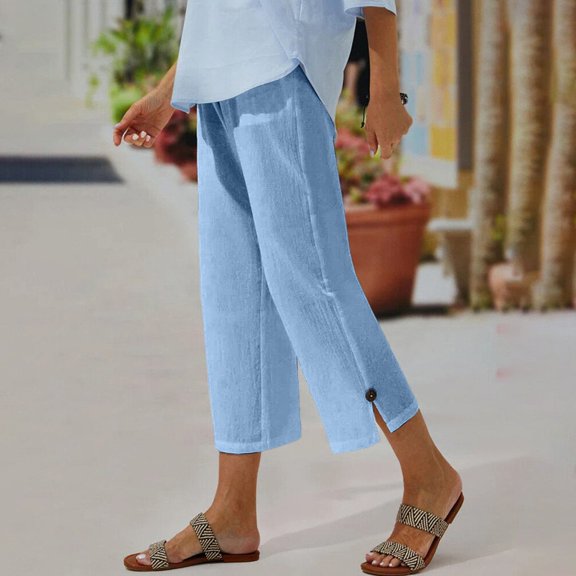 IDALL Capri Pants for Women Linen Pants Women Women Solid Color Cotton And Linen Buttoned Cropped Pants With Elastic Waist For Women Casual Pants Lounge Pants Women Summer Pants Sky Blue L