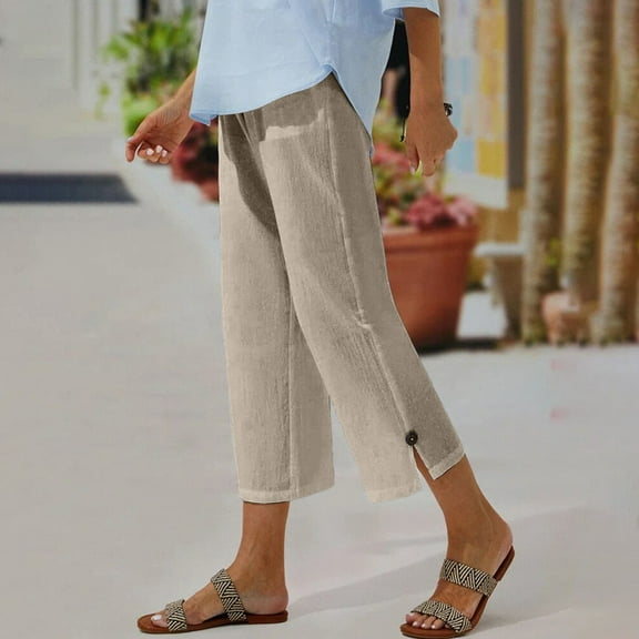 IDALL Capri Pants for Women Linen Pants Women Women Solid Color Cotton And Linen Buttoned Cropped Pants With Elastic Waist For Women Casual Pants Lounge Pants Women Summer Pants Beige L