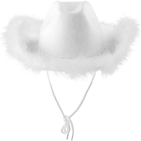 IDALL Cowboy Hat,Hats for Women Hat With Feather Fluffy Feather Brim Adult Size Cowboy Hat With Feathers For Costume Party Play Dress Up Outfits For Women Western Hats White 1