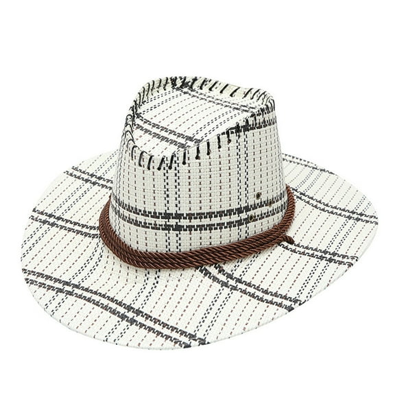 IDALL Cowboy Hat Straw Hat Adult Casual Plaid Printed Summer Western Fashion Cowboy Sun Hat Wide Brim Travel Sun Cap Western Hat Summer Hats White One Size