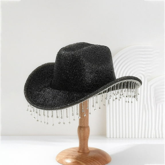 IDALL Cowboy Hat Straw Hat Women's Hat Elegant And Light Hat With Shiny Tassel Cowboy Hat Wide Brim Tassel Dating Hat Western Hat Summer Hats Black One Size