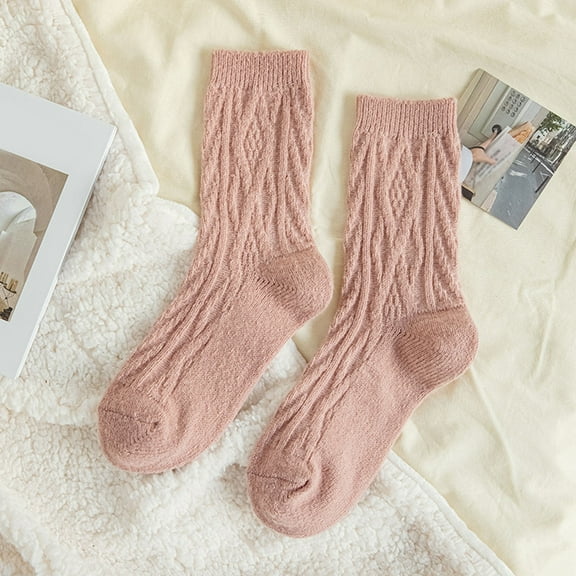 IDALL Crew Socks Hiking Socks Women Autumn And Winter Textured Twist Warm Socks Solid Color Home Socks Cotton Socks Running Socks Pink One Size