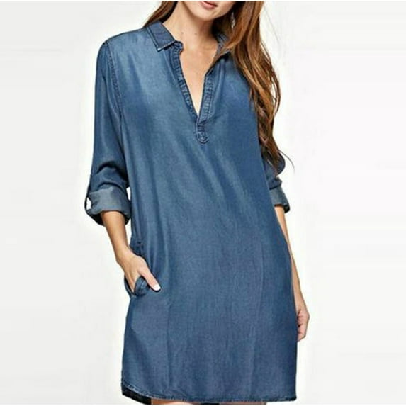 IDALL Denim Dress,Long Sleeve Dress Women's Fashion Denim Blue V-neck Vintage Washed Denim Shirt Dress With Lapel Petite Dresses,Womens Dresses,Casual Dresses for Women Light Blue Dress S