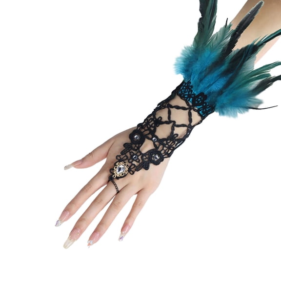 IDALL Feather Decorative Gloves for Women Gothic Lace Long Gloves Feather Wrist Cuffs Hollow Bracelets for Wedding Masquerade Show Dressy Lace Fingerless Gloves Blue 1 One Size