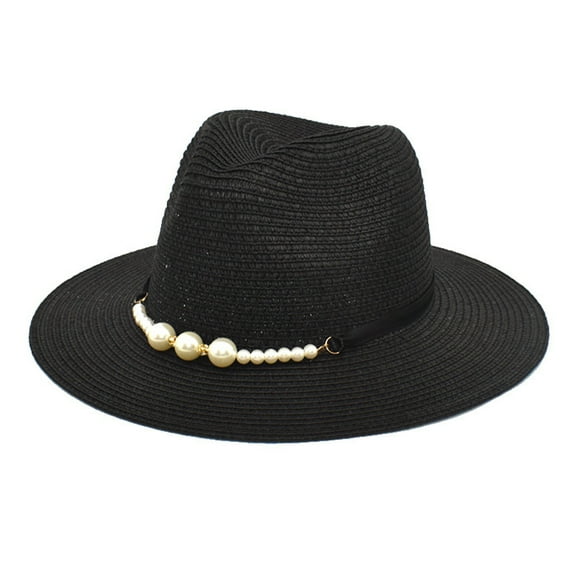 IDALL Fedora Hats for Men Visor Hats Spring And Summer Sunscreen Pearl Accessories Sun Hat Black Flat Brim Retro Jazz Top Hat Womens Straw Hat Summer Hats Western Hat Black One Size