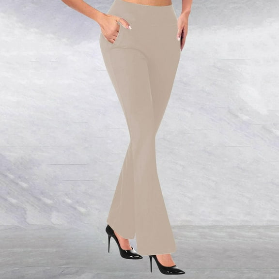 IDALL Flare Leggings Wide Leg Pants Woman Womens Flare Leggings No Front Seam Flare Yoga Pants with Tummy Control Crossover Leggings With Pockets High Waisted Pants Khaki XL