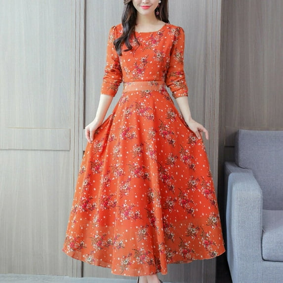 IDALL Floral Dress,Long Sleeve Dress Women Floral Beach Dress Long Sleeve Casual Party Vintage Boho Dress Petite Dresses,Womens Dresses,Casual Dresses for Women Yellow Dress 3XL