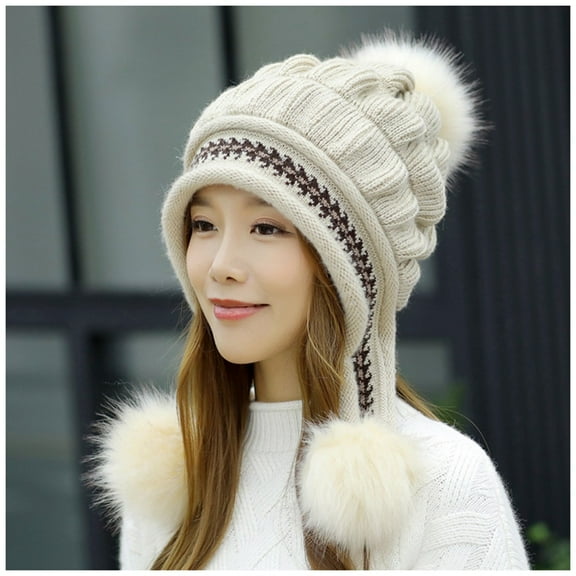 IDALL Hats for Women,Winter Hats Women Fashion Keep Warm Winter Hats Knitted Wool Hemming Hat With Hair ball Ushanka,Trapper Hat Beige