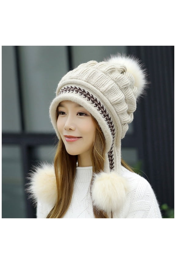 Hats for Women,Winter Hats Women Fashion Keep Warm Winter Hats Knitted Wool Hemming Hat With Hair ball Ushanka,Trapper Hat Beige
