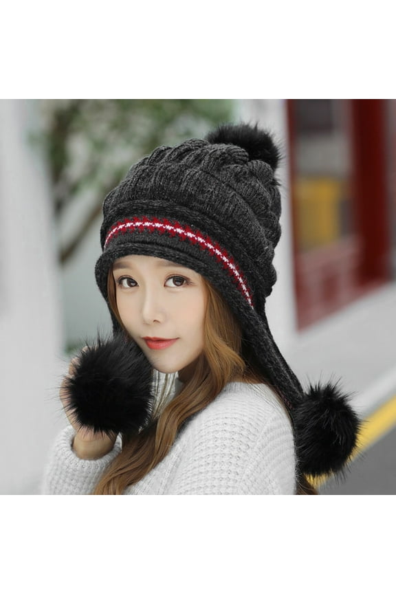 Hats for Women,Winter Hats Women Fashion Keep Warm Winter Hats Knitted Wool Hemming Hat With Hair ball Ushanka,Trapper Hat Black