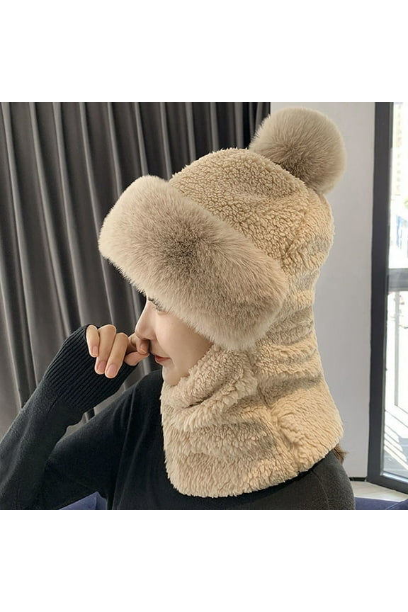 Hats for Women,Winter Hats Women Windproof Scarf Hat Winter Warm Scarf Hat Set Soft Knitted Plush Hat Ushanka,Trapper Hat Beige