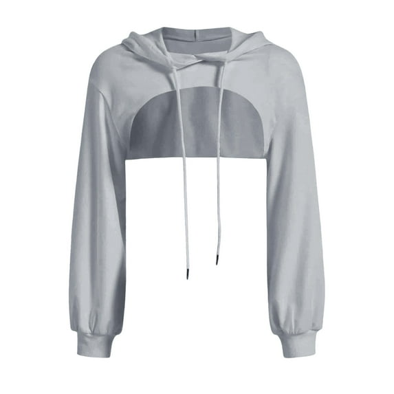 IDALL Hoodies for Women Essentials Hoodie Women's Crop Hoodie Pullover Very Short Sweatshirts Long Sleeve Pullover Round Collar Cut Outs Shirts With Hood Crop Tops Fall Outfits Gray L