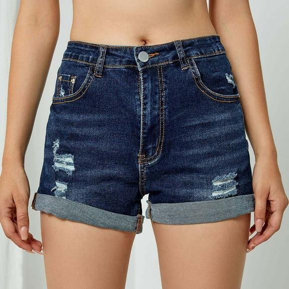IDALL Jean Shorts Shorts for Women 2023 European And American Trendy Ripped And Curled Elastic High Waist Denim Shorts Stretchy Jeans High Waisted Shorts Women Blue XS
