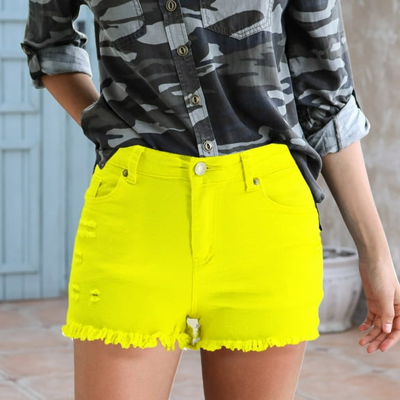 IDALL Jean Shorts Shorts for Women New Spring And Summer European And American Ripped Elastic Denim Women's High Waist Shorts Stretchy Jeans High Waisted Shorts Women Yellow XL