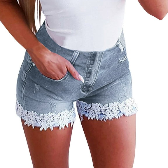 IDALL Jean Shorts Womens Shorts Womens Summer Shorts Lace Trim Mid Rise Stretchy Jean Shorts Casual Trendy Butt Lifting Mini Denim Shorts Denim Shorts Women High Waisted Shorts Women Light Blue XL