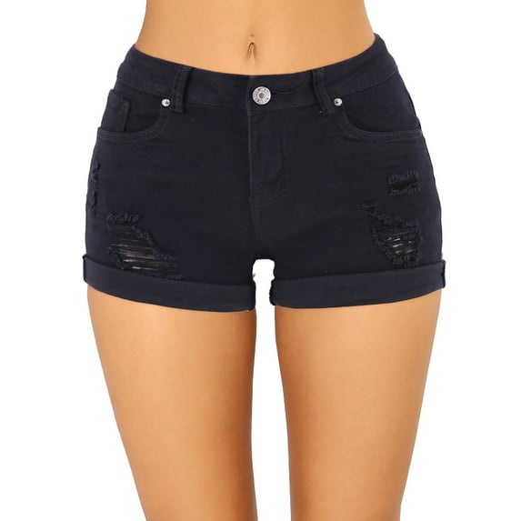 IDALL Jean Shorts Workout Shorts Women Denim Shorts Low Rise Ripped Stretchy Jeans Shorts Cuffed Hem Denim Shorts Booty Shorts for Women Black S