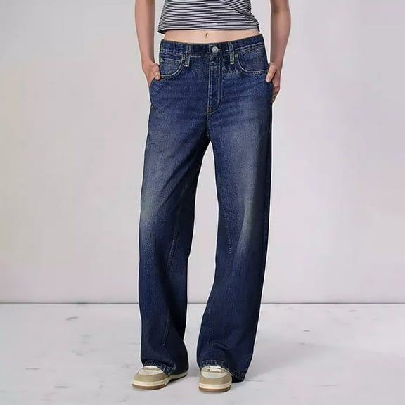 IDALL Jeans for Women Baggy Jeans Womens Pull On Jeans Stretch High Waisted Elastic Waist Jeans For Women Baggy Straight Wide Leg Denim Pants Wide Leg Jeans Barrel Jeans Women Dark Blue L