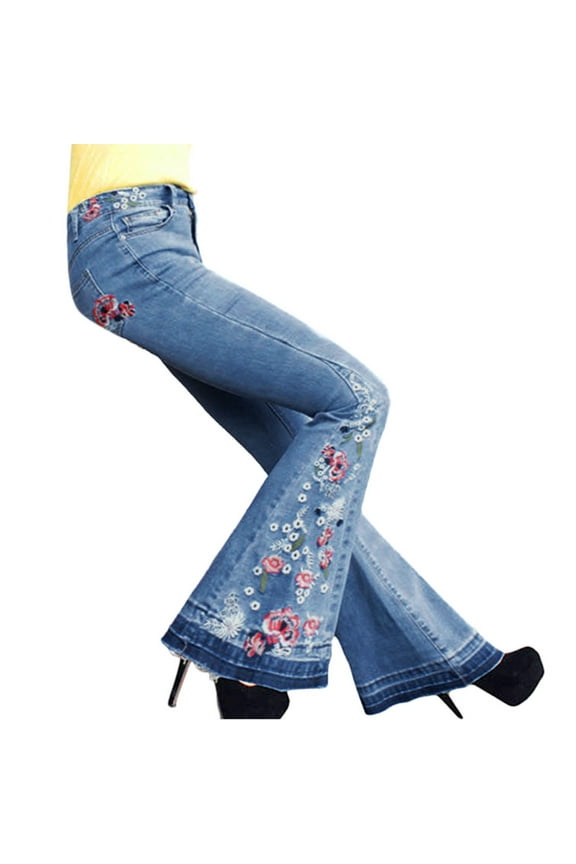 Jeans for Women Skinny Jeans Women Summer Elastic Plus Loose Denim Embroidery Casual Boot Cut Pant Jeans Straight Leg Jeans Flare Pants Light Blue 2XL