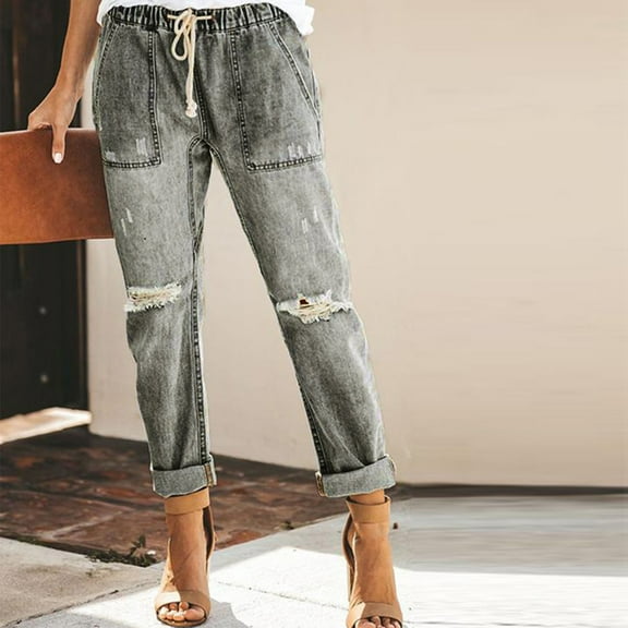 IDALL Jeans for Women Capri Pants Women Pull-On Distressed Denim Joggers Elastic Waist Stretch Pants Skinny Jeans High Waisted Jeans Gray S