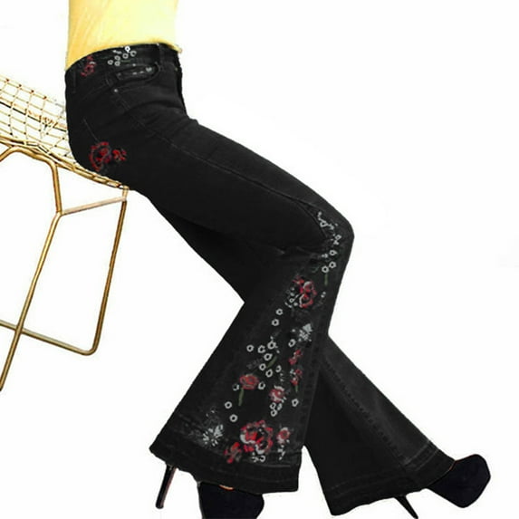 IDALL Jeans for Women Skinny Jeans Women Summer Elastic Plus Loose Denim Embroidery Casual Boot Cut Pant Jeans Straight Leg Jeans Flare Pants Black S