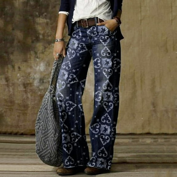 IDALL Jeans for Women Wide Leg Jeans Women Fashion Printed Jeans Casual Long Pants Baggy Jeans High Waisted Jeans Navy S
