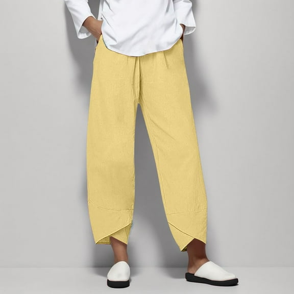 IDALL Linen Pants Women Lounge Pants Women Pants Cotton Casual Home Female High Waisted Pants Women'S Pants Yellow 3XL