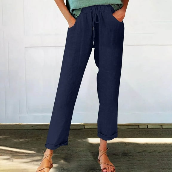 IDALL Linen Pants Women Petite Pants 2025 Casual Pants Lightweight Autumn Fabric Comfortable & Stylish Multiple Color Options Lounge Pants Women Summer Pants Dark Blue L