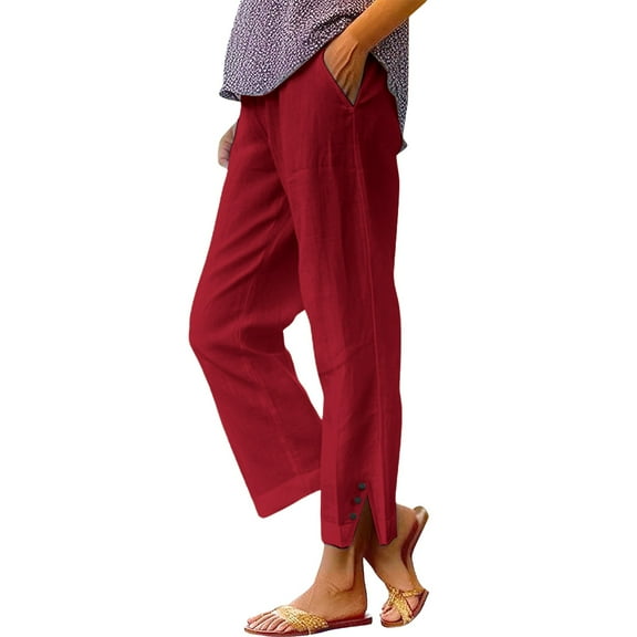 IDALL Linen Pants Women Petite Pants Baggy Pants Lounge Pants Women Women Solid Straight Elastic Pants Long Linen Cotton Casual Slit Trouser Legs Pants Women'S Pants Watermelon Red 4XL