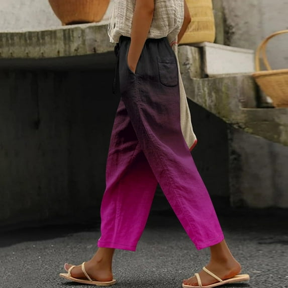 IDALL Linen Pants Women Petite Pants Linen Capris For Women Summer High Waisted Wide Leg Plus Size Capri Pants Lightweight Capri Trousers S 5Xl Lounge Pants Women Summer Pants Hot Pink L