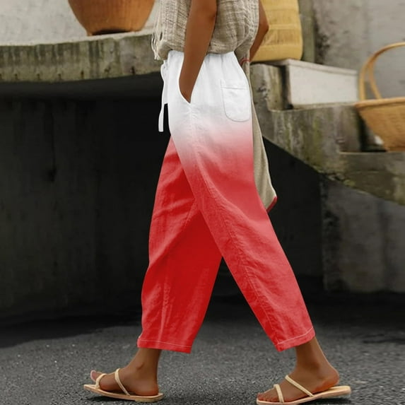 IDALL Linen Pants Women Petite Pants Linen Capris For Women Summer High Waisted Wide Leg Plus Size Capri Pants Lightweight Capri Trousers S 5Xl Lounge Pants Women Summer Pants Red 3XL