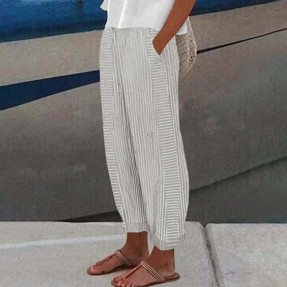 IDALL Linen Pants Women Petite Pants Summer Pants For Women Casual Pants Stripe Print Side Button Trendy Pants Baggy Elastic Waist Straight Leg Comfy Trousers Baleaf Pants Women Baggy Pants Gray XS