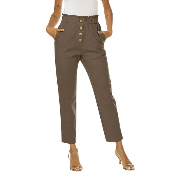 IDALL Linen Pants Women Petite Pants Women Autumn Casual High Waisted Button Capris Regular Fit Solid Cropped Pant Baleaf Pants Women Summer Pants Coffee L