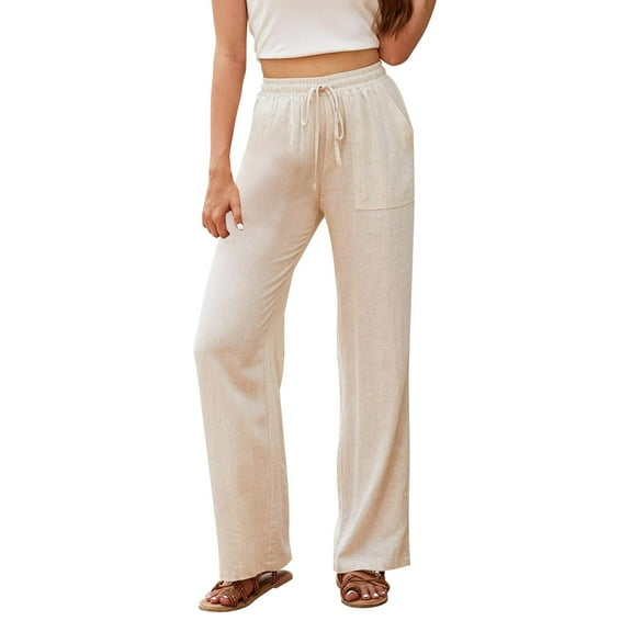 IDALL Linen Pants Women Petite Pants Women Casual Linen Cotton Drawstring Straight Leg Pants Lounge Pants Women Summer Pants Beige S