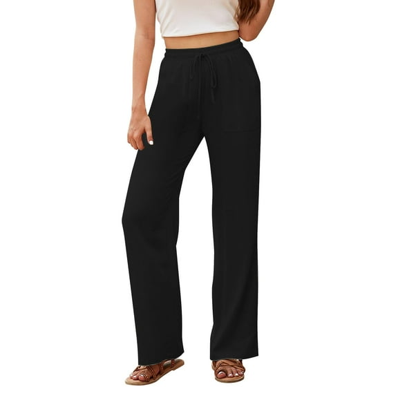 IDALL Linen Pants Women Petite Pants Women Casual Linen Cotton Drawstring Straight Leg Pants Lounge Pants Women Summer Pants Black M