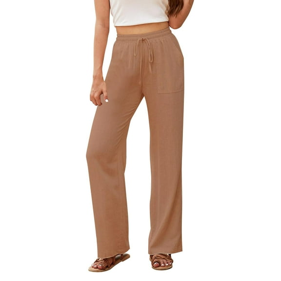IDALL Linen Pants Women Petite Pants Women Casual Linen Cotton Drawstring Straight Leg Pants Lounge Pants Women Summer Pants Coffee M