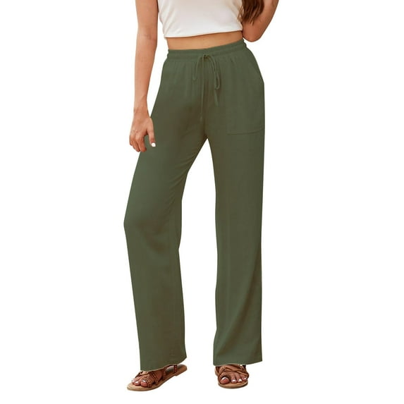IDALL Linen Pants Women Petite Pants Women Casual Linen Cotton Drawstring Straight Leg Pants Lounge Pants Women Summer Pants Green 3XL