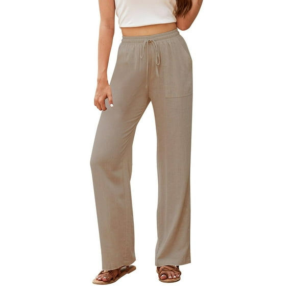IDALL Linen Pants Women Petite Pants Women Casual Linen Cotton Drawstring Straight Leg Pants Lounge Pants Women Summer Pants Khaki L