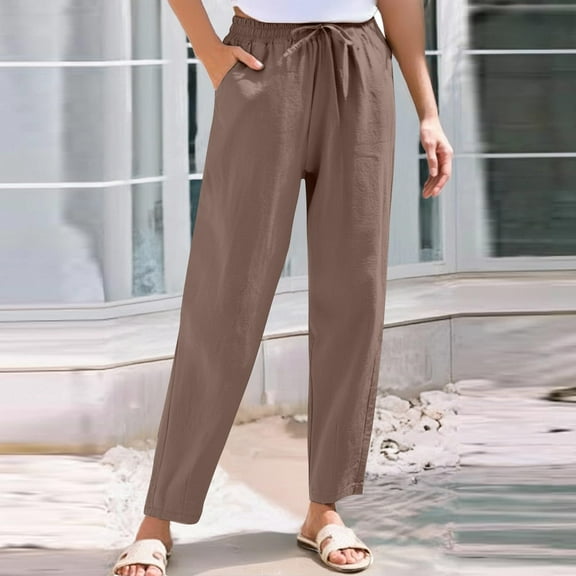 IDALL Linen Pants Women Petite Pants Women Cotton Linen Straight Leg Pants Elastic Drawstring Casual Trousers With Pockets Summer Beach Pants Beach Pants Summer Pants Coffee XL